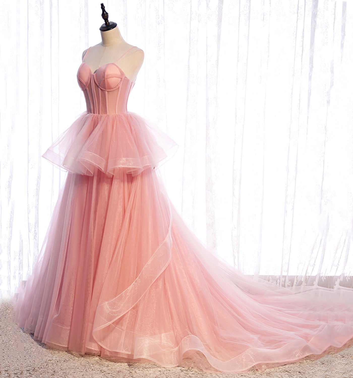 Pink tulle long prom dress A line evening gown  10012