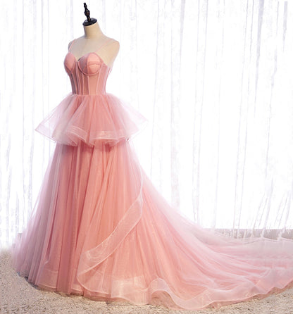 Pink tulle long prom dress A line evening gown  10012