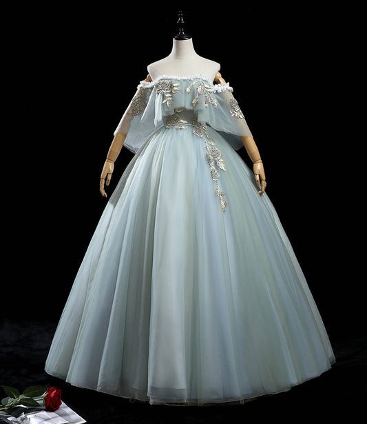 Green tulle lace long prom dress A line formal dress  10459