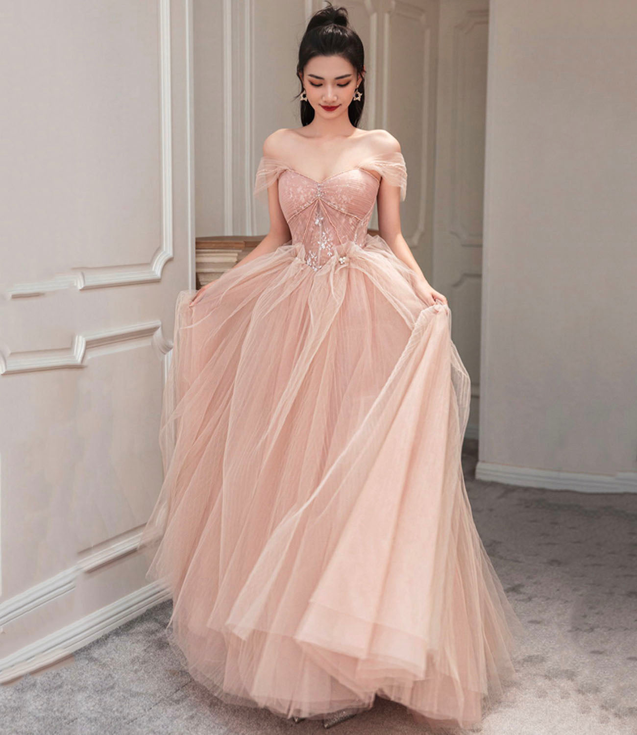 Pink tulle long prom dress pink evening dress  10589