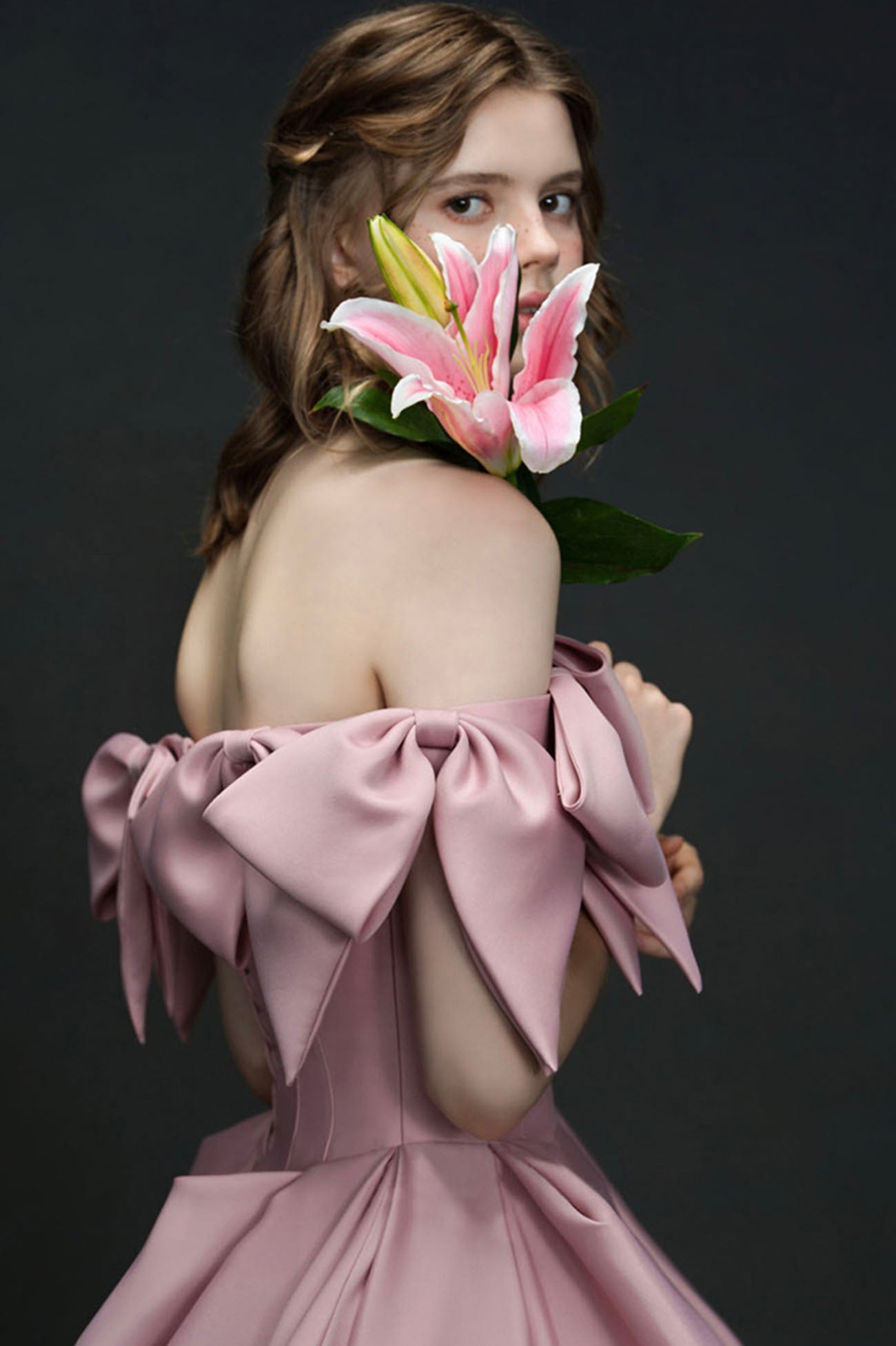 Unique Design Pink Bow Satin Long Prom Dress Princess Dress  10585