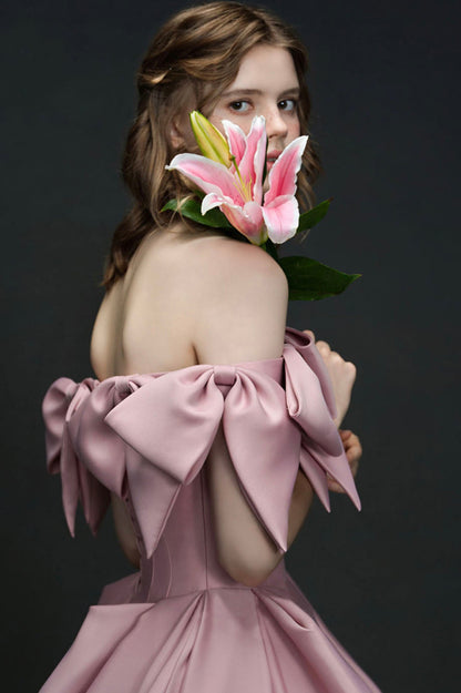 Unique Design Pink Bow Satin Long Prom Dress Princess Dress  10585