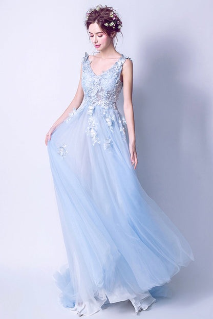 Blue tulle lace long A line prom dress blue evening dress  8753