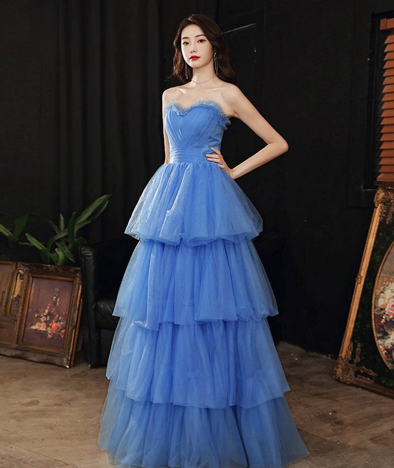 Blue tulle long prom dress blue evening dress  8522