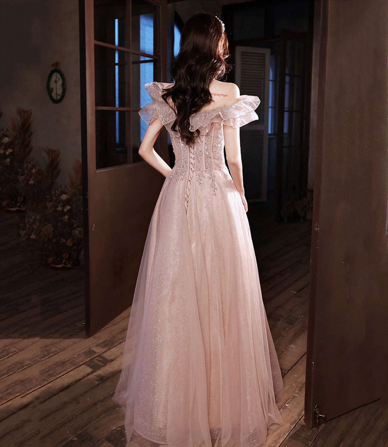 Pink tulle beads long prom dress A line evening dress  10487