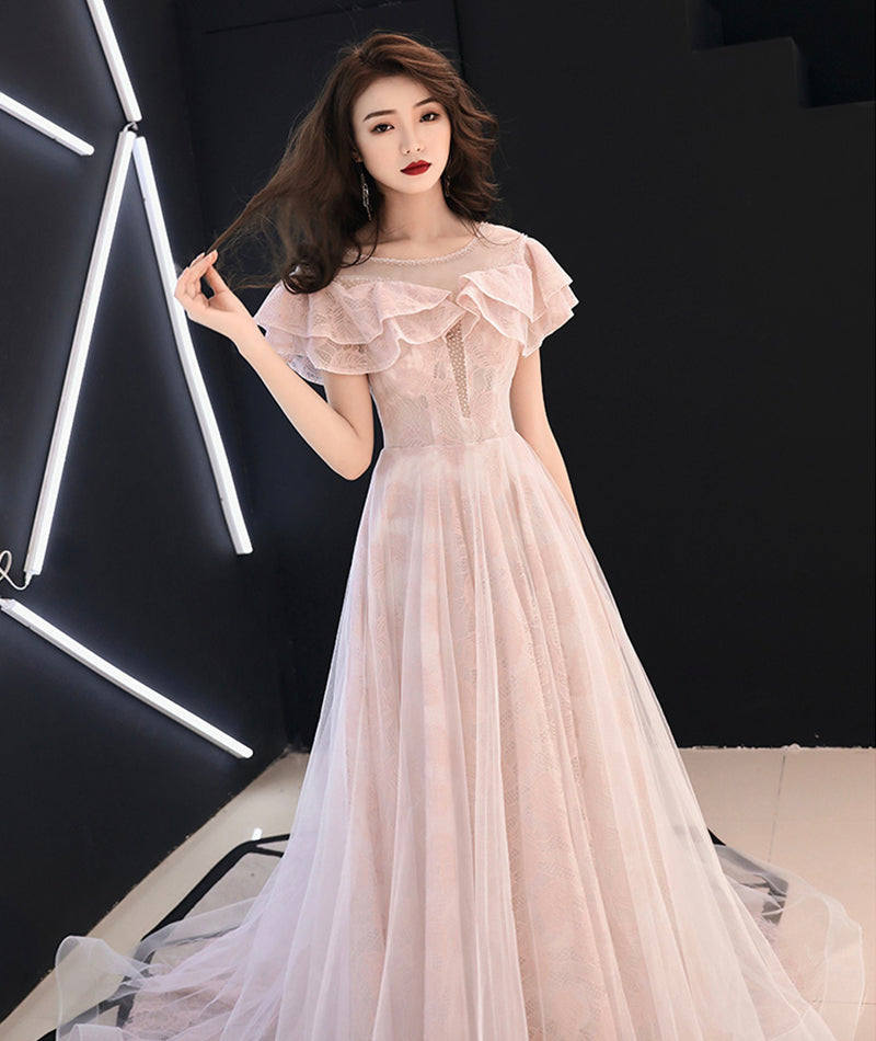 Pink lace tulle long prom dress pink evening dress  8372