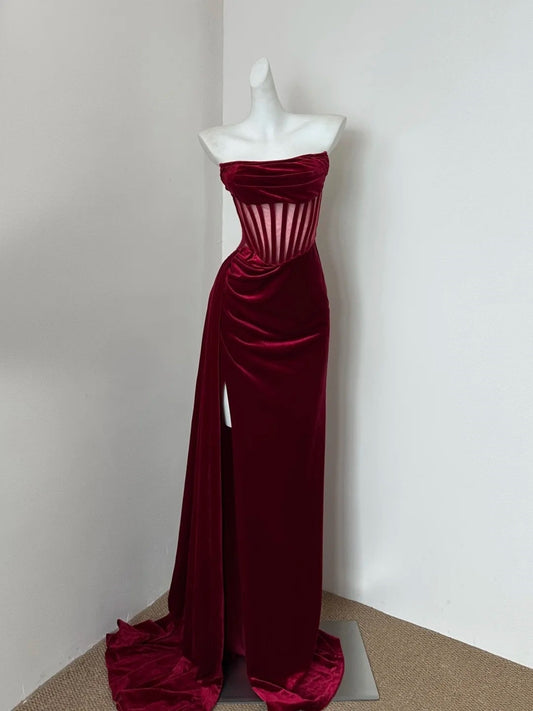 Burgundy/Red Fashion Velvet Long Prom Dress Evening Dress Party Dress gh4833