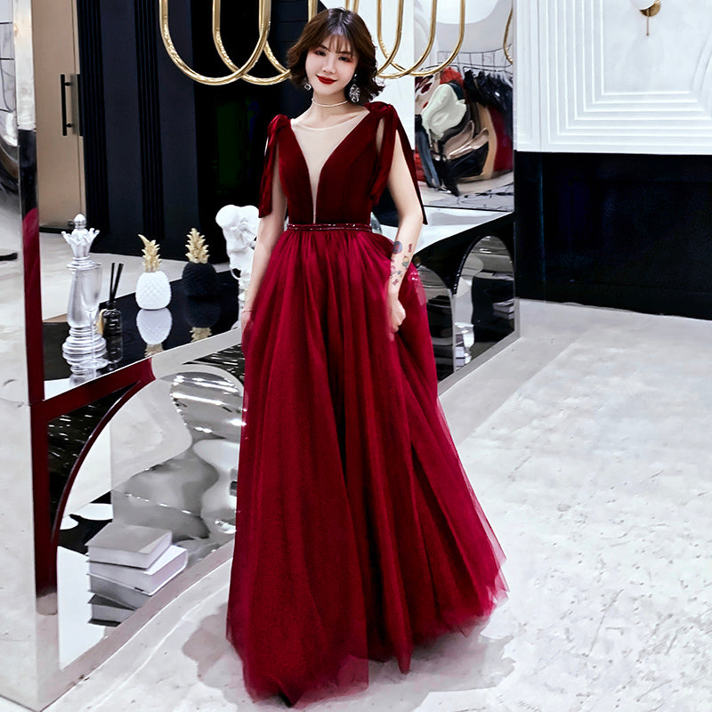Burgundy velvet tulle long prom dress party dress  8193
