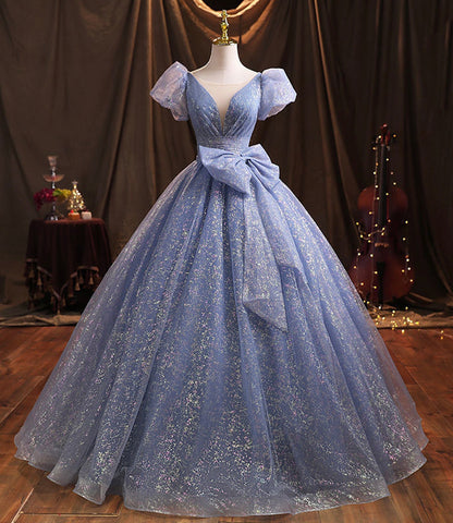Blue tulle long prom dress A line evening gown  10229