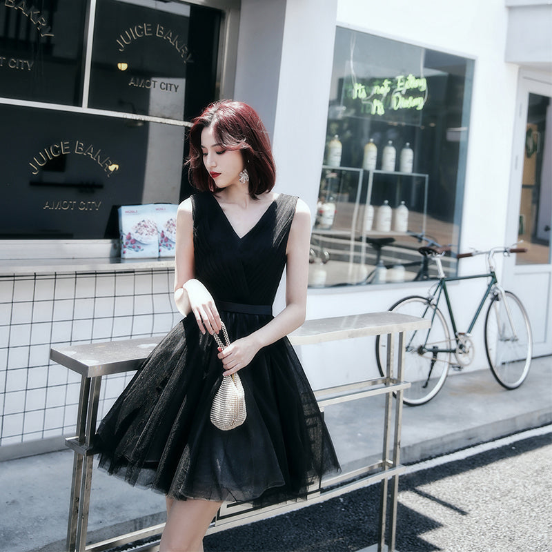Black v neck tulle short prom dress, homecoming dress  8060
