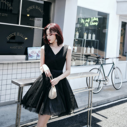 Black v neck tulle short prom dress, homecoming dress  8060