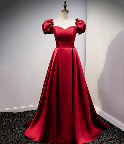 Burgundy satin long A line prom dress evening dress  8711