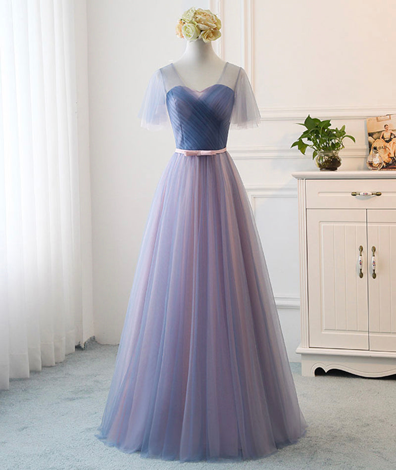 Blue v neck tulle long prom dress evening dress  8495