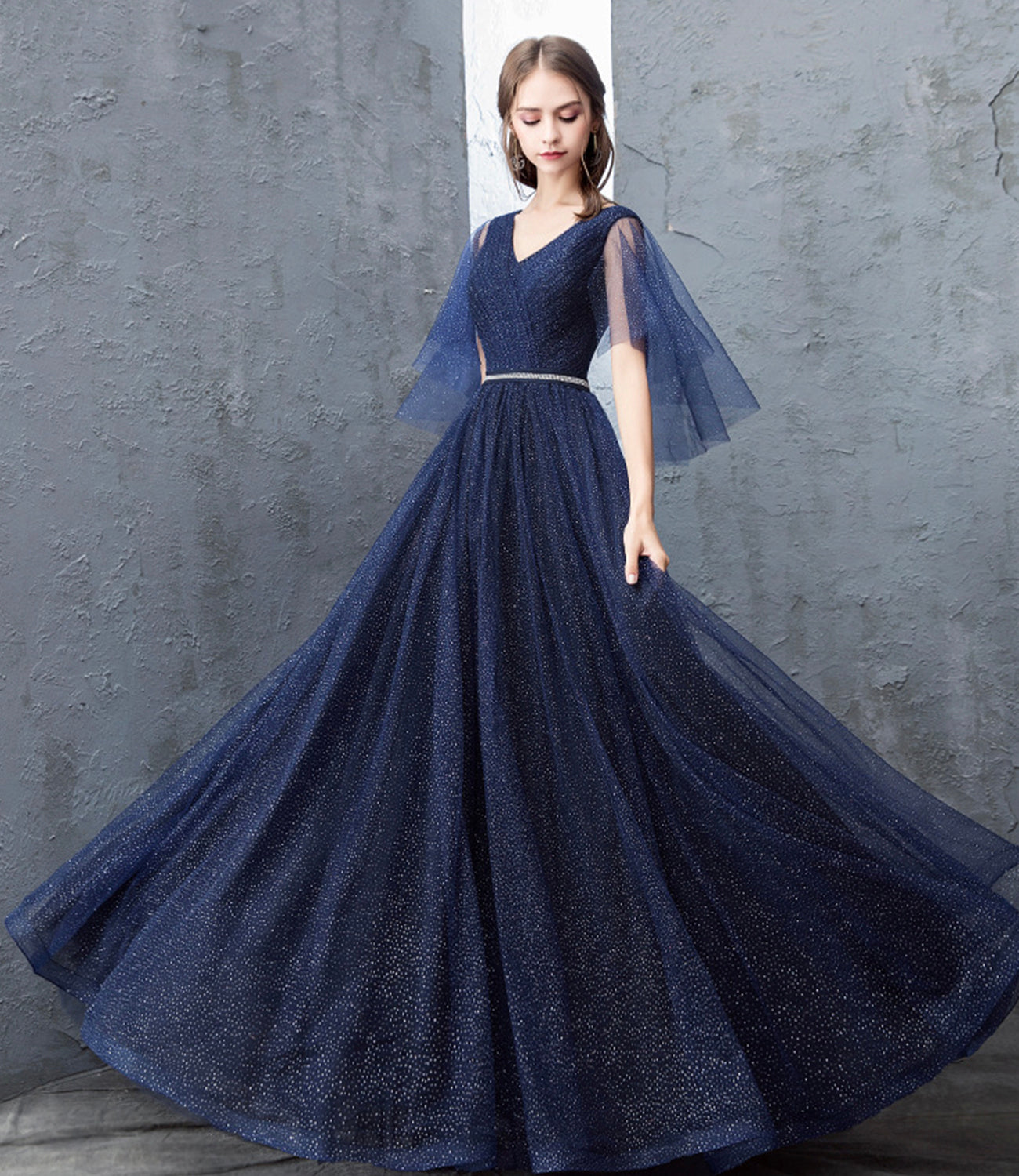 Blue tulle long prom dress A line evening dress  10377