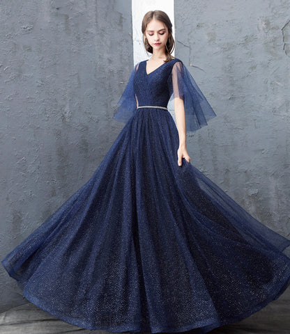 Blue tulle long prom dress A line evening dress  10377