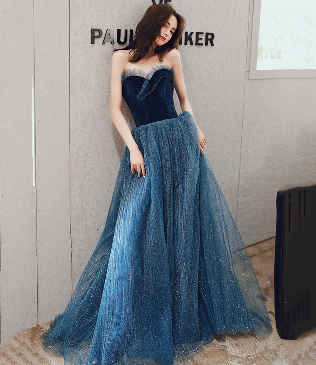 Blue velvet tulle long prom dress A line evening dress  10499