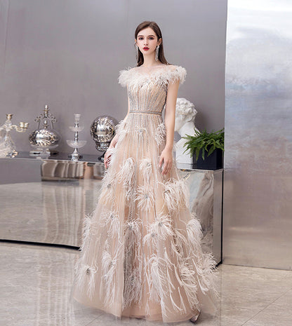 Unique tulle beads long prom dress evening dress  8524