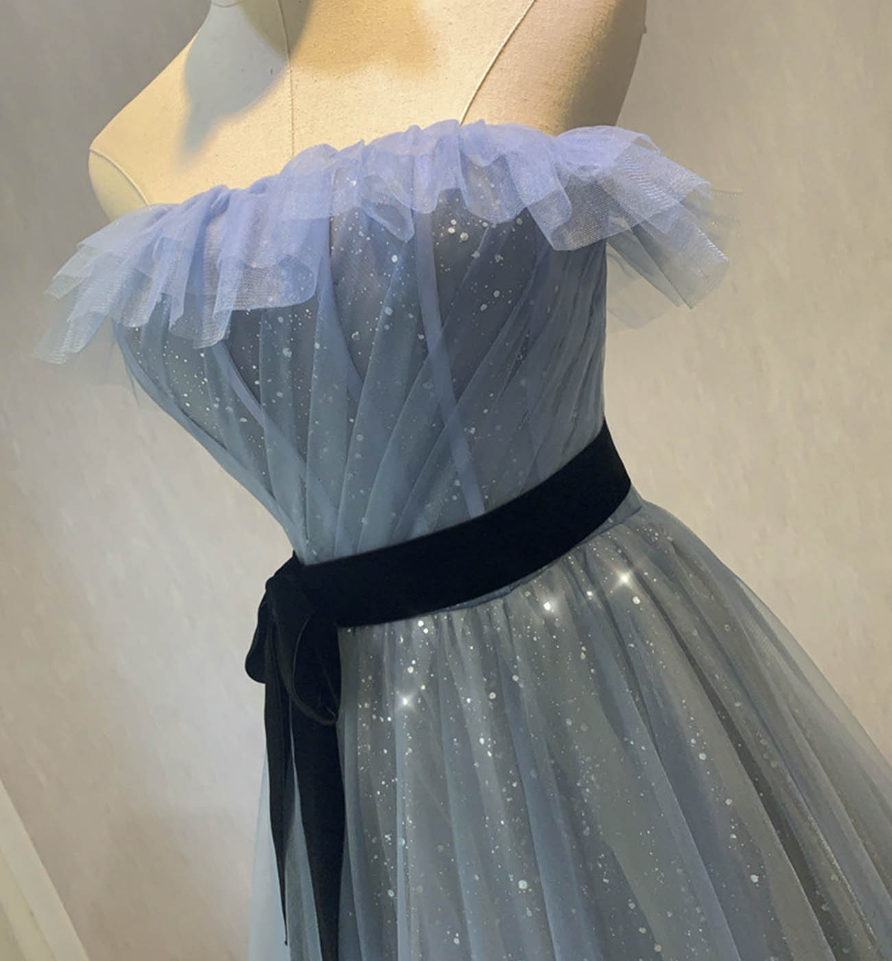 Blue tulle long prom dress blue evening dress  8607