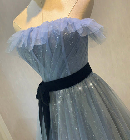 Blue tulle long prom dress blue evening dress  8607