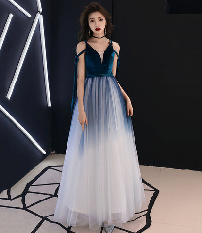 Blue velvet tulle long prom dress evening dress  10069
