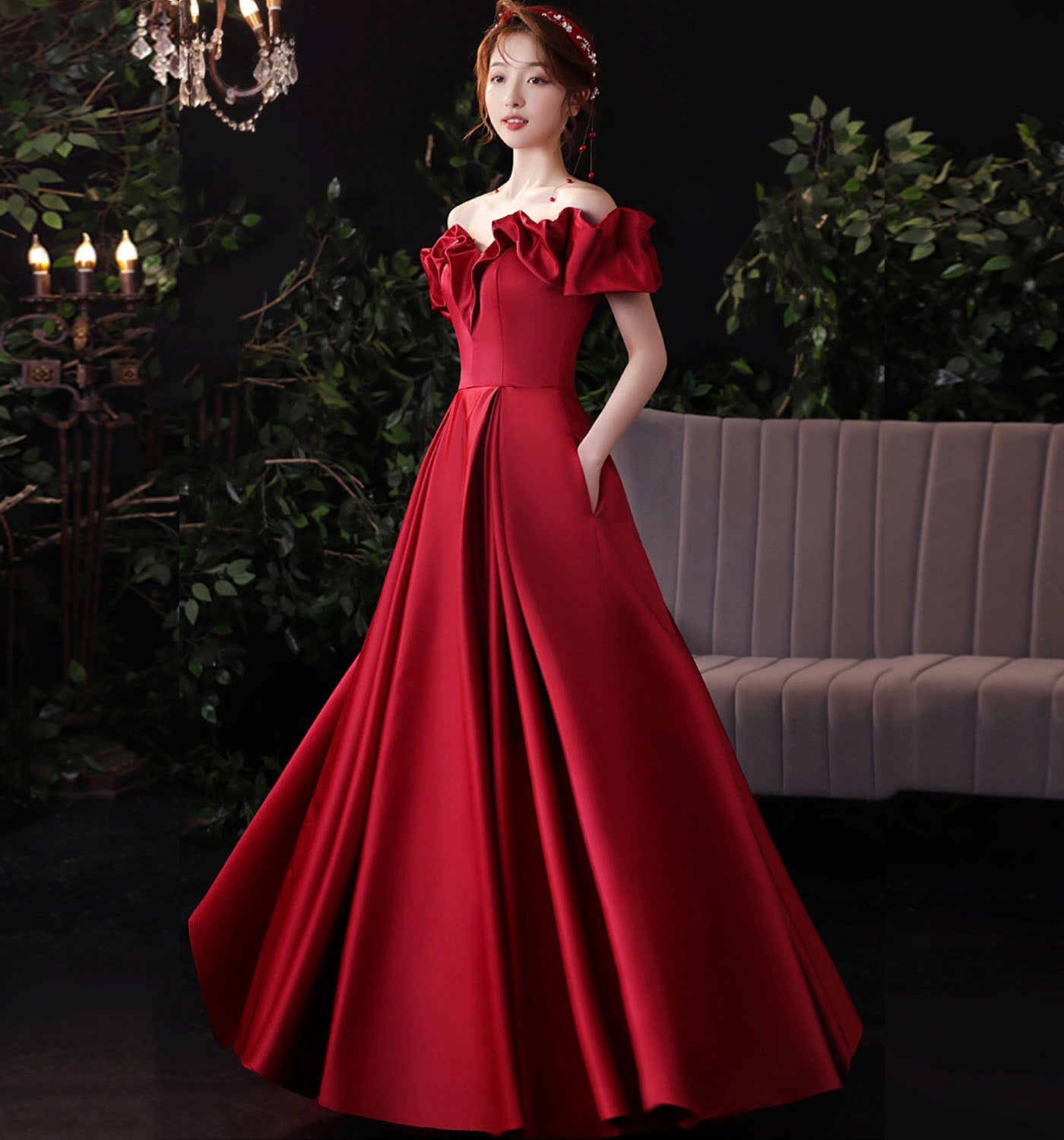 Burgundy satin long prom dress evening dress  8971