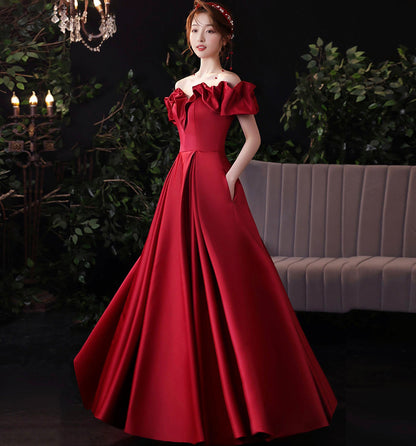 Burgundy satin long prom dress evening dress  8971