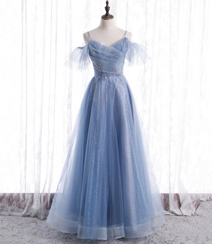 Blue tulle long A line prom dress fashion dress  8763