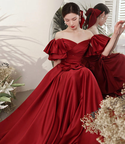 Burgundy satin long prom dress A line evening dress  10601