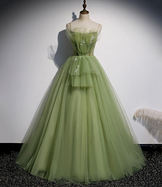 Green tulle long prom dress A line evening dress  10651