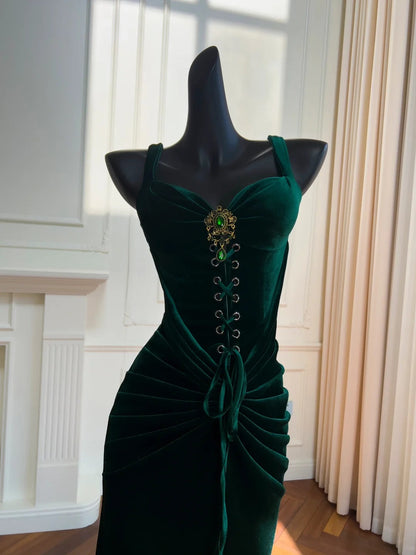Green Vintage Elegant Long Velvet Slim Evening Dress Party Dress Prom Dress gh4273