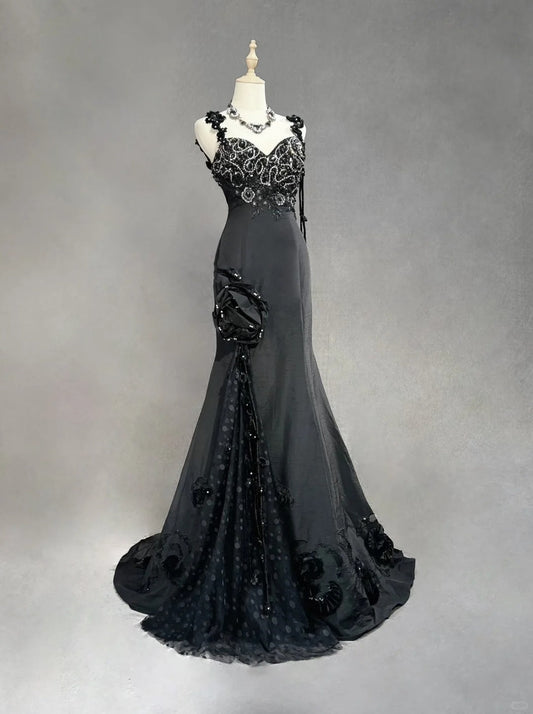 Black Luxury Gorgeous Vintage Shiny Elegant Delicate Floral Gemstone Rhinestone Beads Satin Long Mermaid Floor Length Trail Fairy Ball Gown Evening Gown Party Gown Prom Gown Lola's Dinner gh3855