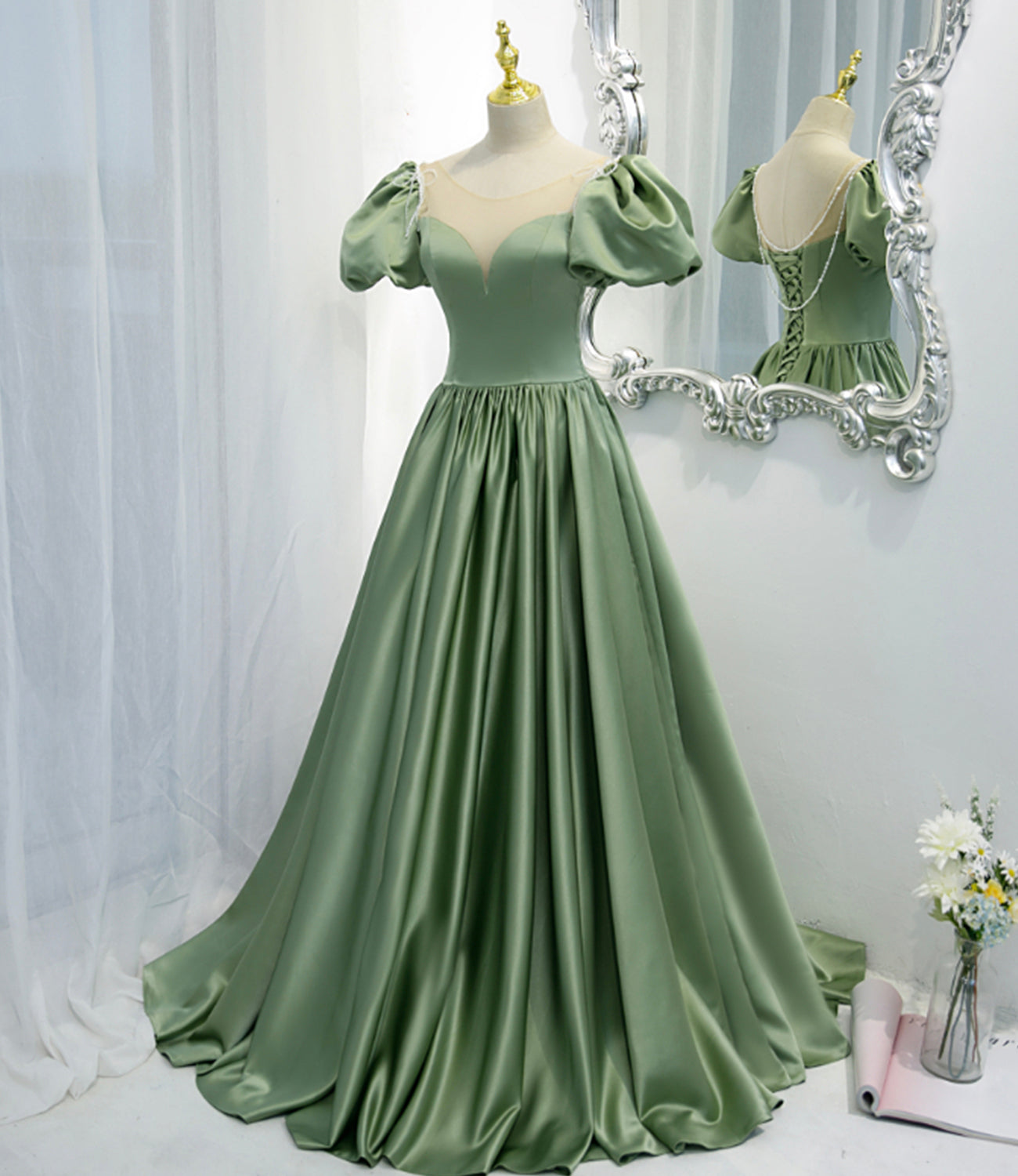 Green satin long A line prom dress green evening dress  8810