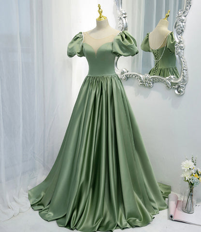 Green satin long A line prom dress green evening dress  8810
