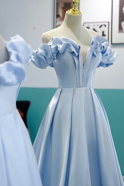 Blue satin long A line prom dress blue evening dress  8746