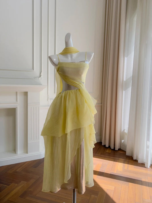 Yellow Silver FuturisticFlowing Long Chiffon Ball Gown Party Dress gh4404