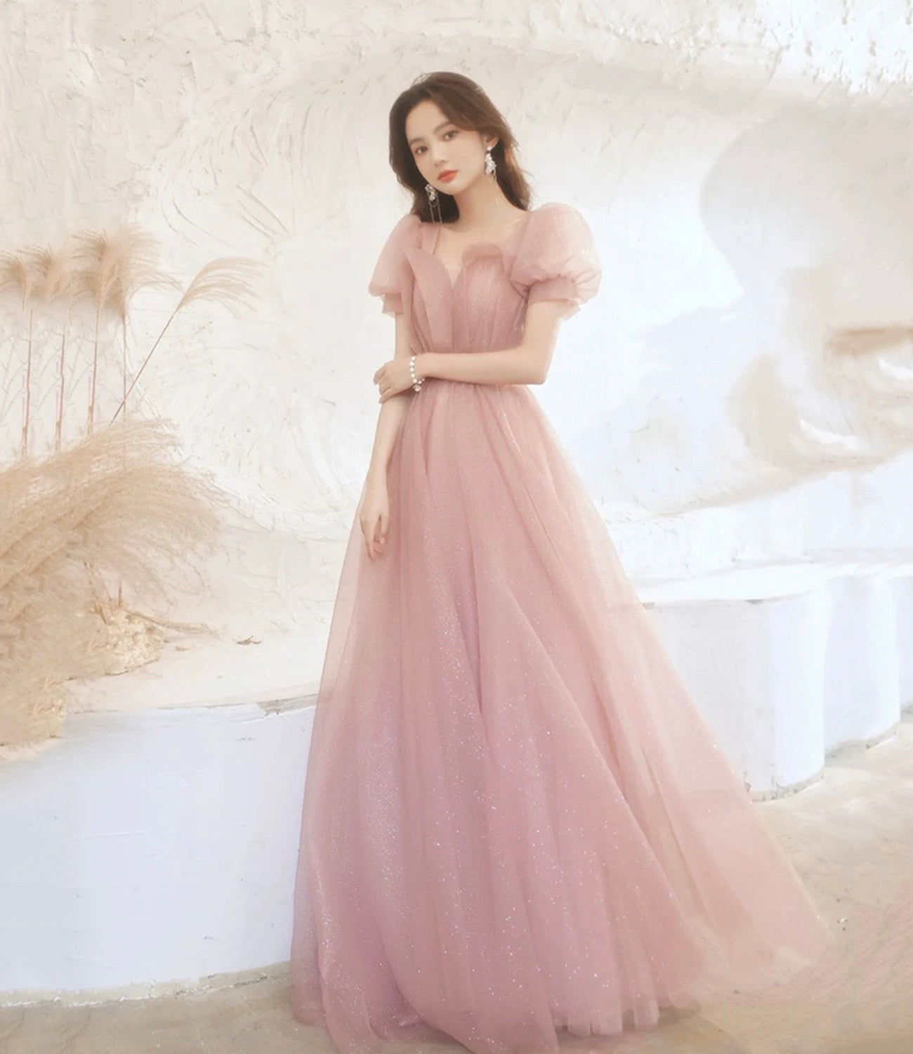 Cute tulle long prom dress pink A line evening dress  10524