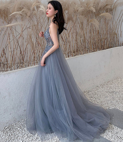 Blue tulle beads long prom dress blue evening dress  10453