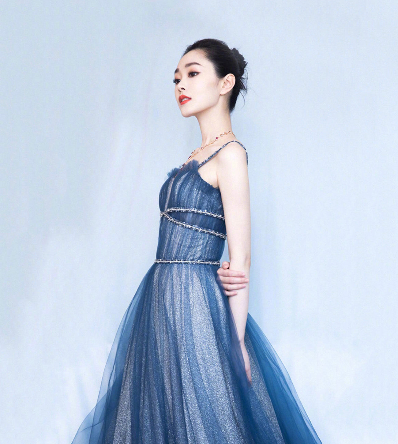 Blue tulle long prom dress shiny evening dress  8582