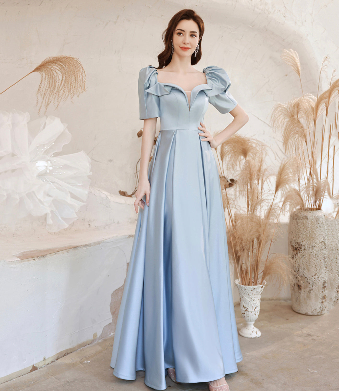Cute satin long prom dress blue evening dress  10531