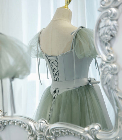 Green satin tulle long prom dress A line evening dress  10445