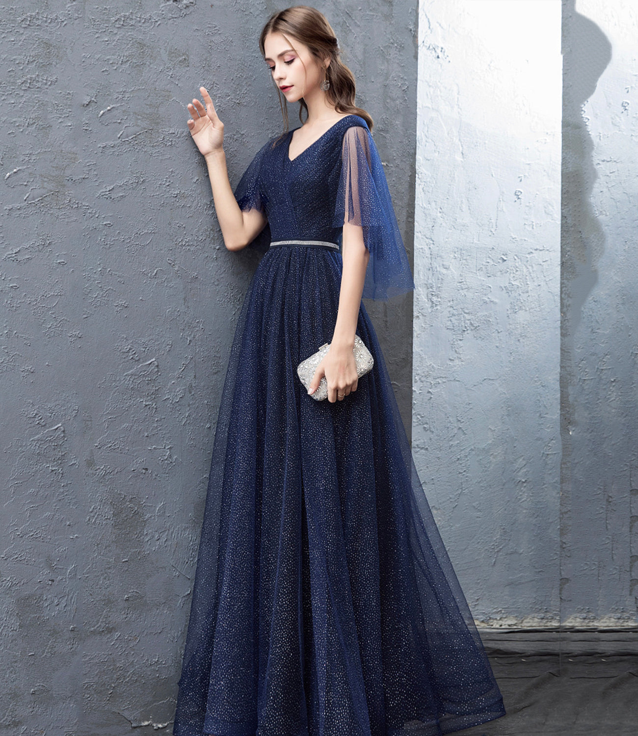 Blue tulle long prom dress A line evening dress  10377