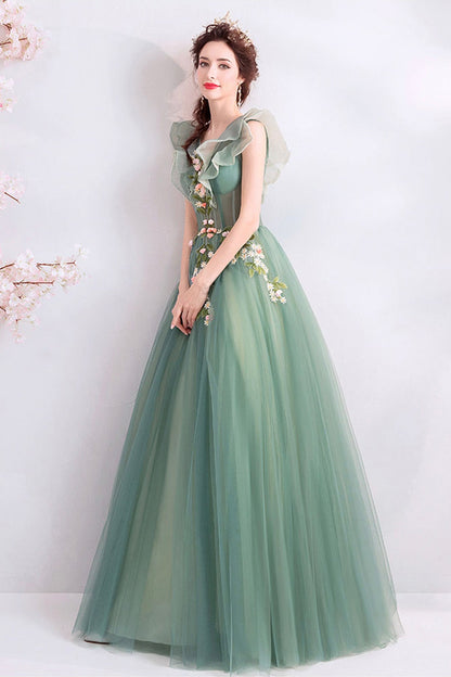 Green tulle long A line prom dress evening dress  8709
