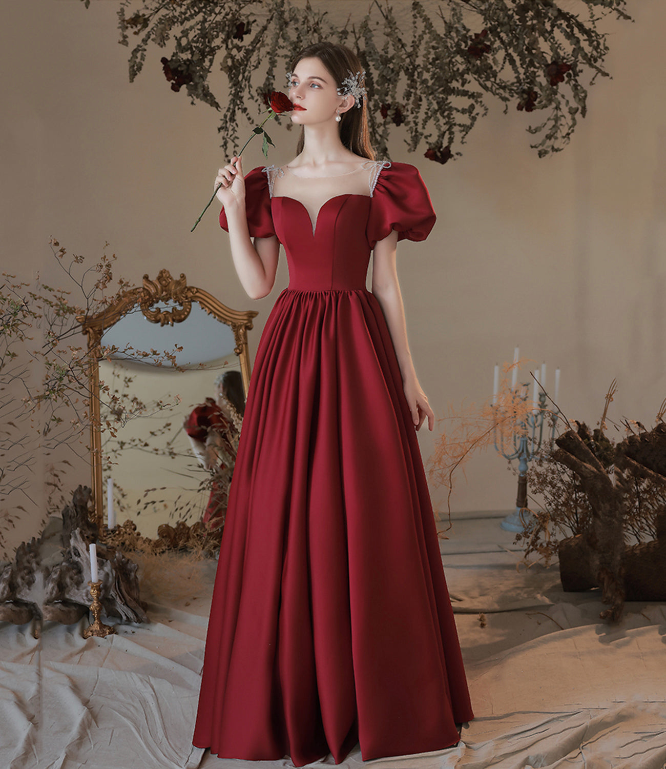 Burgundy satin long prom dress evening dress  10473
