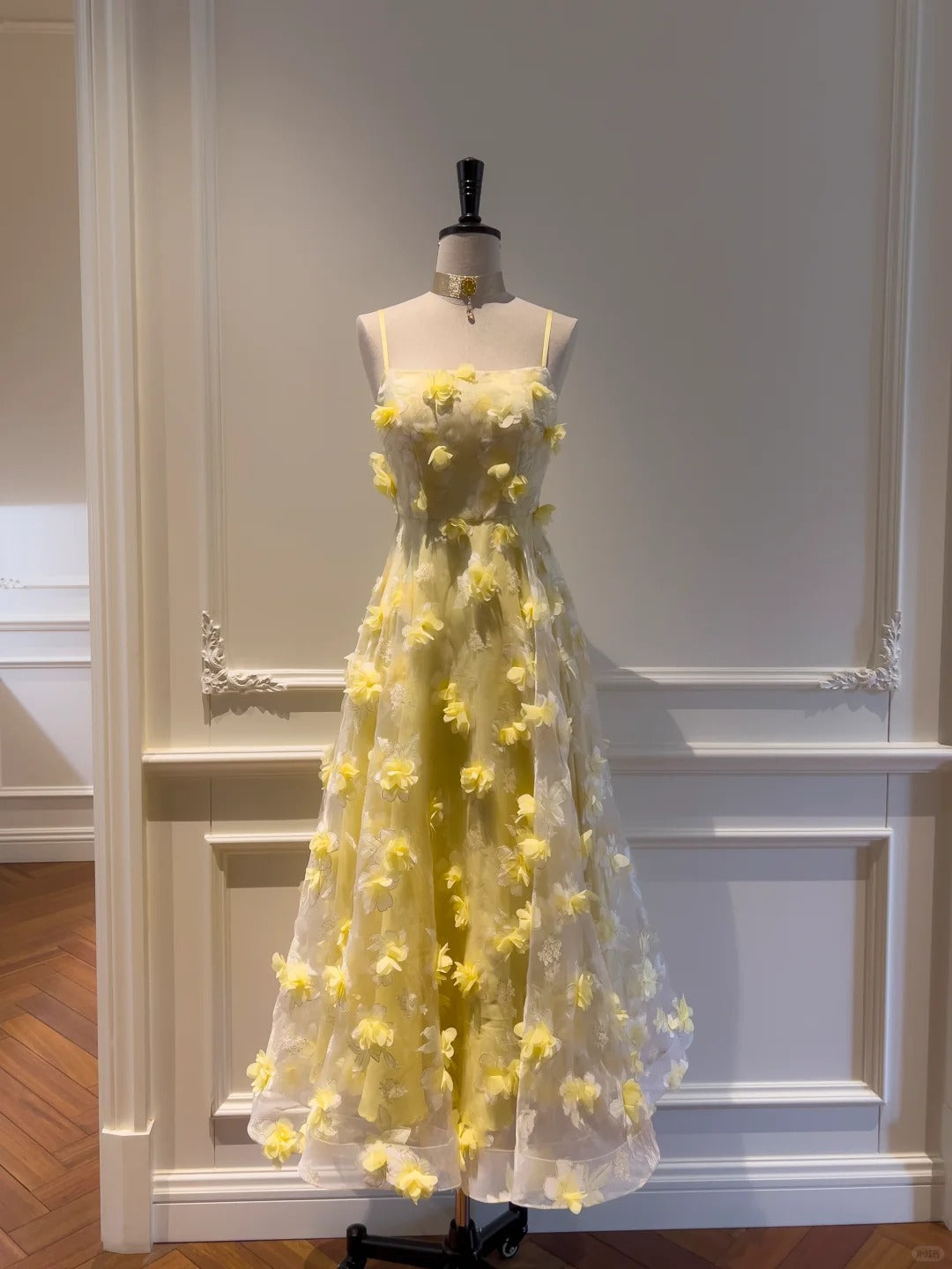 Yellow Floral Spaghetti Strap Chiffon Party Dress gh4948