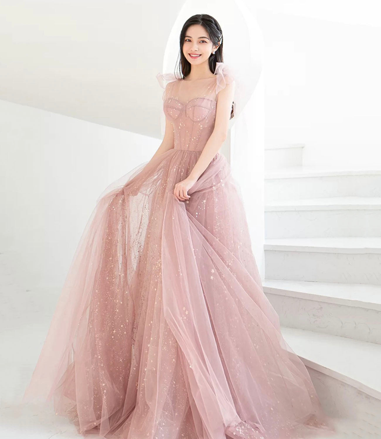 Pink tulle long prom dress A line evening dress  10421