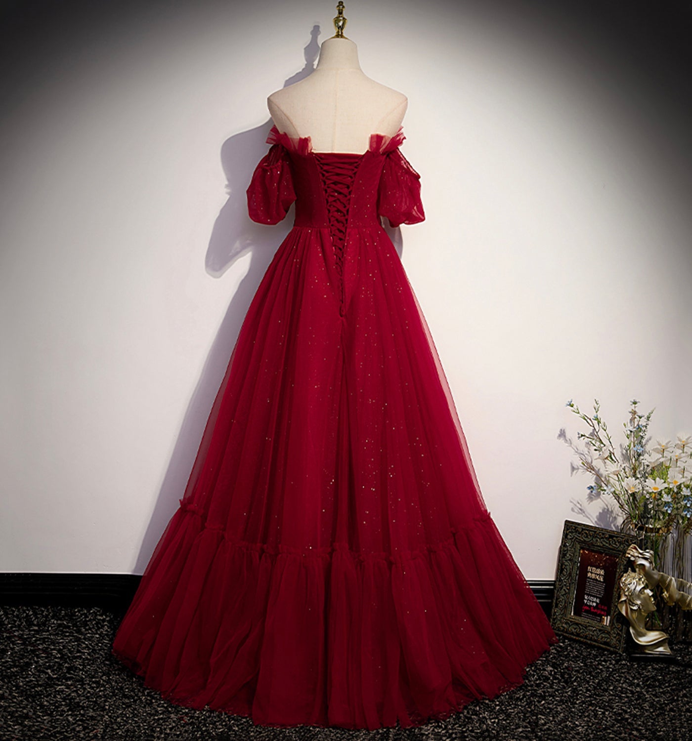 Burgundy tulle long prom dress A line evening gown  10009