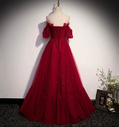 Burgundy tulle long prom dress A line evening gown  10009