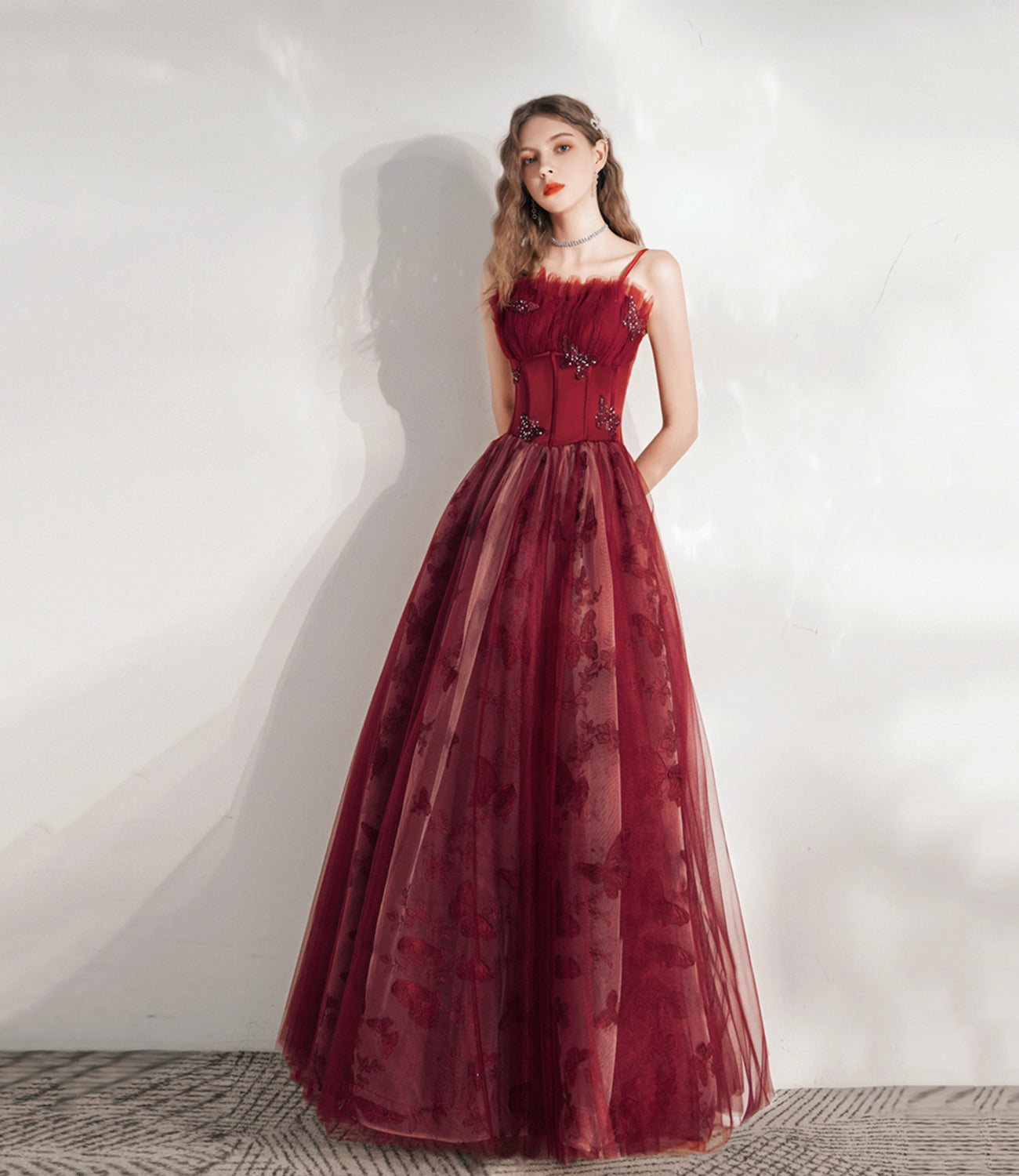 Burgundy tulle long prom dress A line evening gown  10374