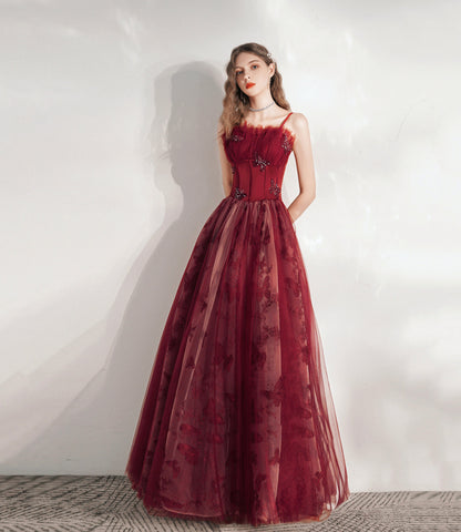Burgundy tulle long prom dress A line evening gown  10374