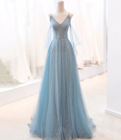 Blue tulle long A line prom dress blue evening dress  8764